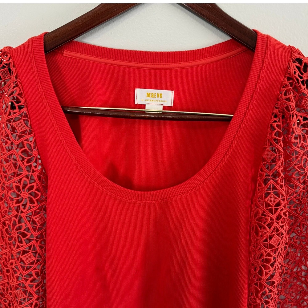 Maeve Anthropologie Red Ribbed Knit Top Floral Guipure Lace Balloon Sleeve Sz XS - Picture 6 of 12